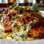 Home Cook, taken with iPhone 15 Pro. Close-up slight angle of delicious Baked Caesar Chicken with Creamy Parmesan Sauce on white plate. Mouthwatering --ar 4:3 --style raw --s 250