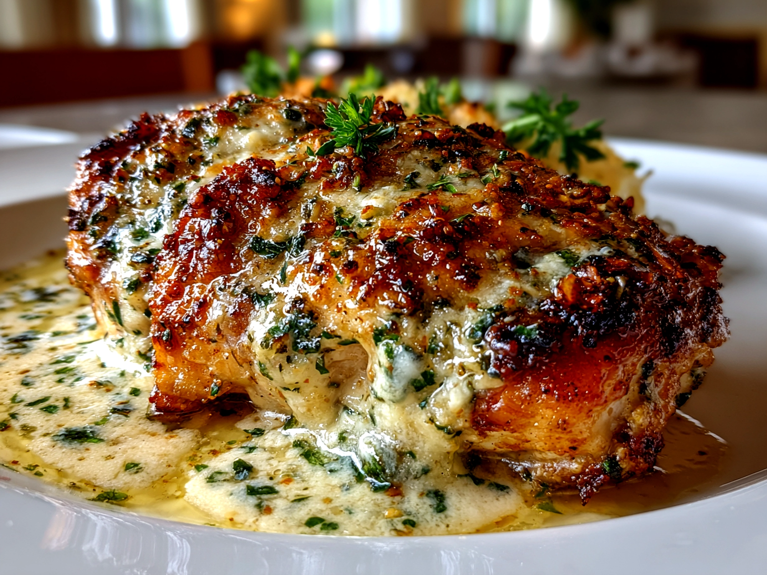 Home Cook, taken with iPhone 15 Pro. Close-up slight angle of delicious Baked Caesar Chicken with Creamy Parmesan Sauce on white plate. Mouthwatering --ar 4:3 --style raw --s 250