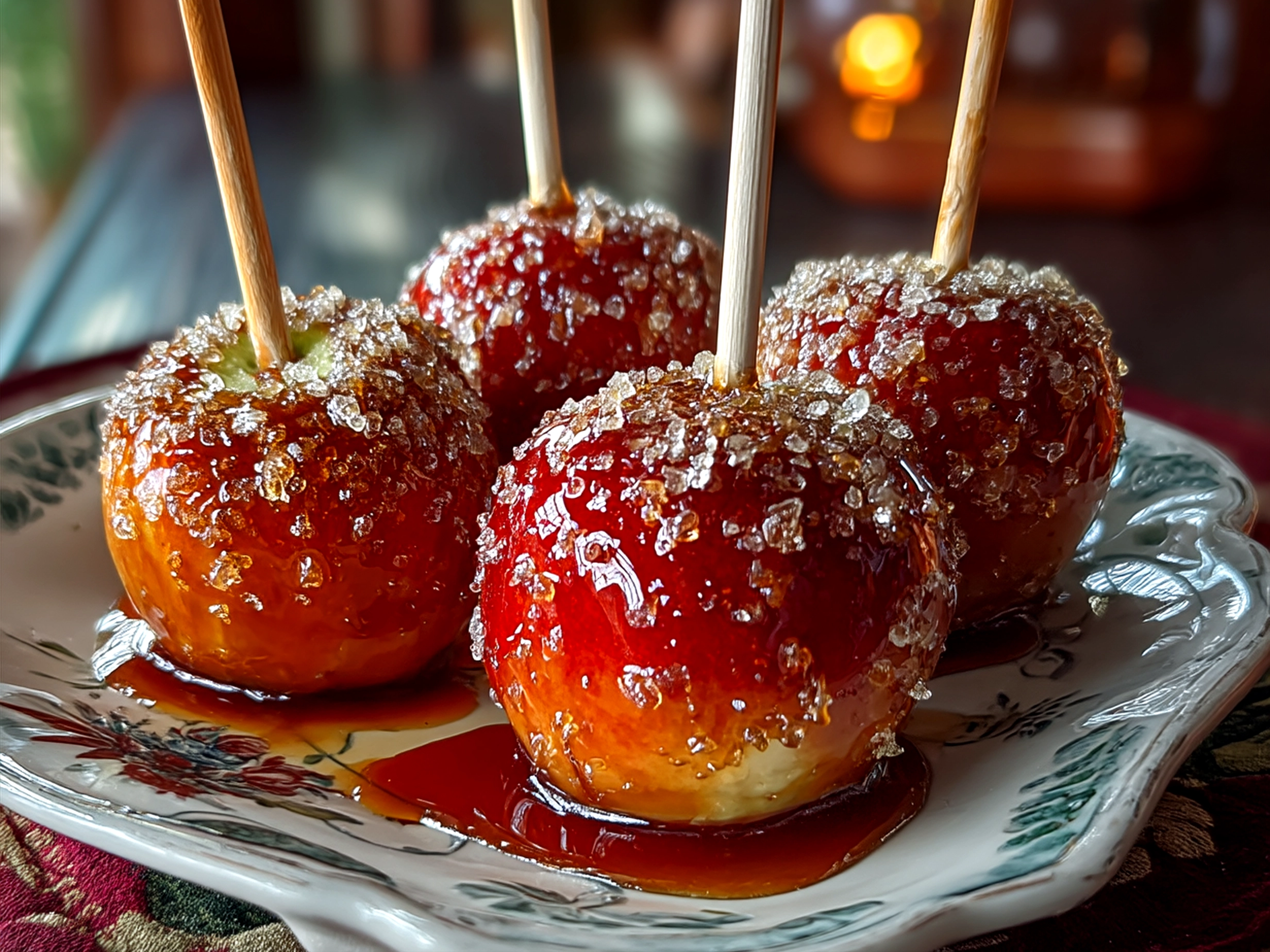 A basket of beautifully presented homemade candy apples with colorful coatings and toppings