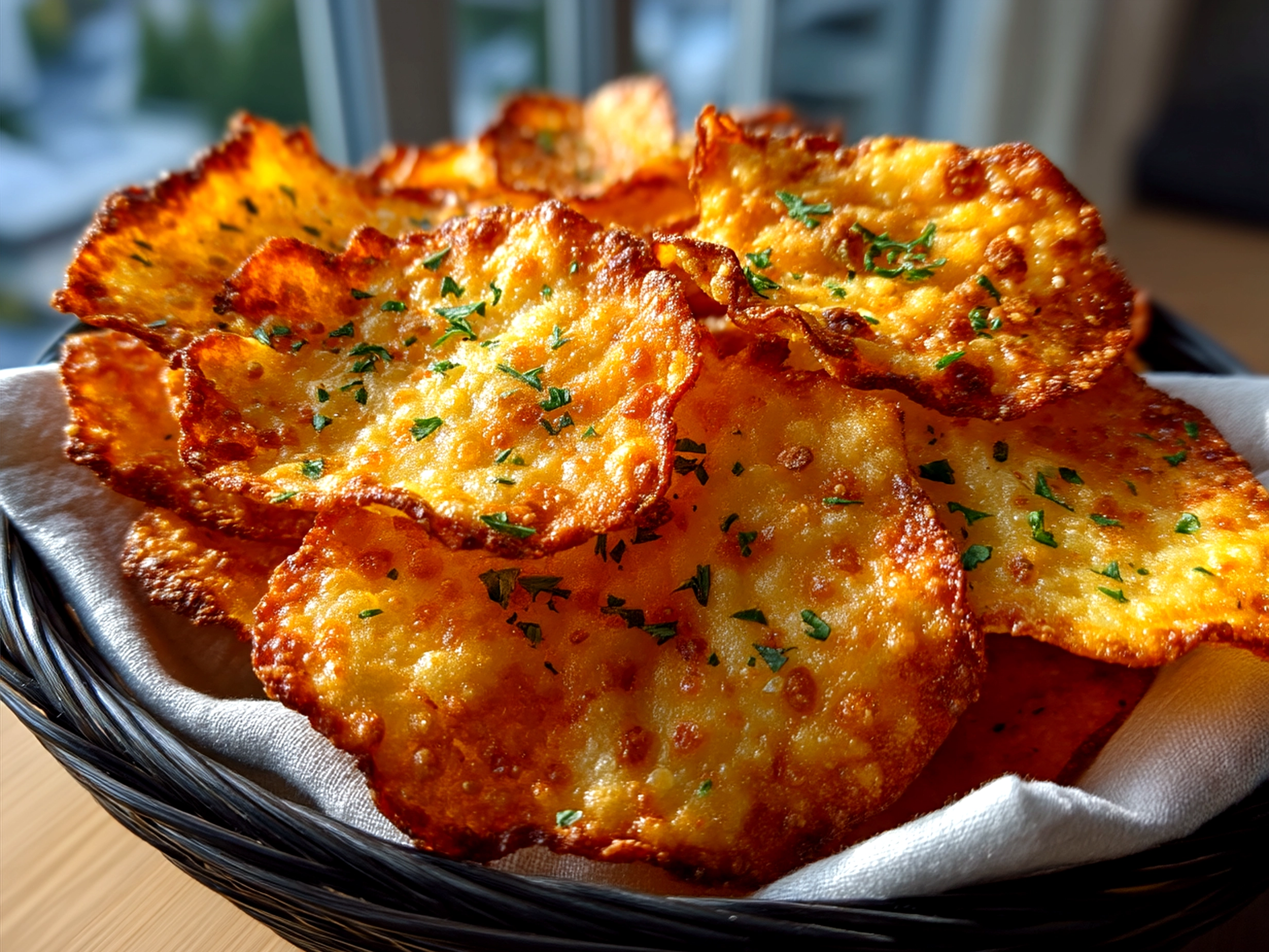 Finished keto cottage cheese chips served with a dip and garnished with fresh herbs.