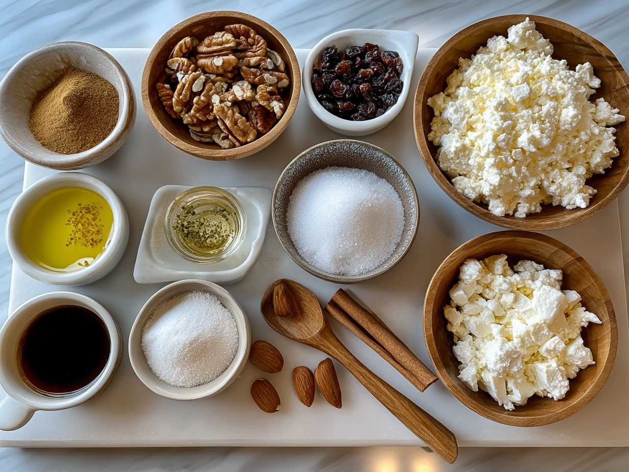 Ingredients for keto cottage cheese chips including full-fat cottage cheese, Parmesan, garlic powder, onion powder, salt, and pepper.