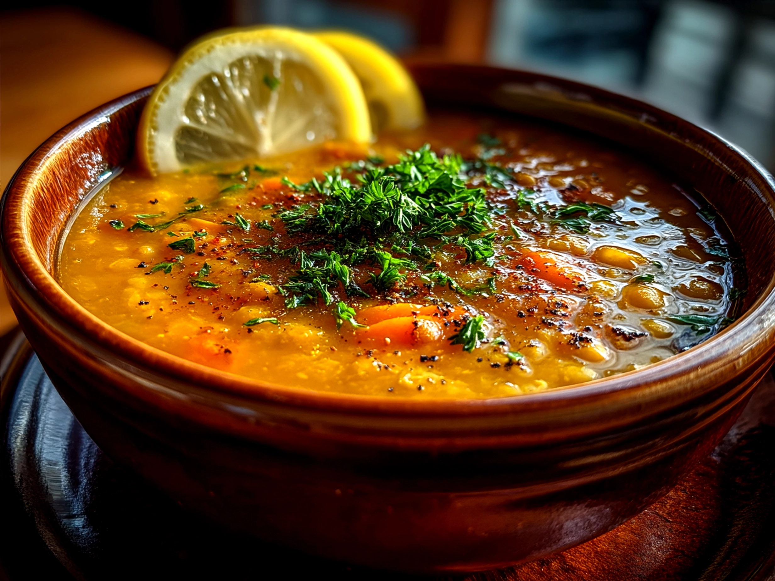 A bowl of finished lemon lentil soup garnished with fresh herbs and a drizzle of olive oil