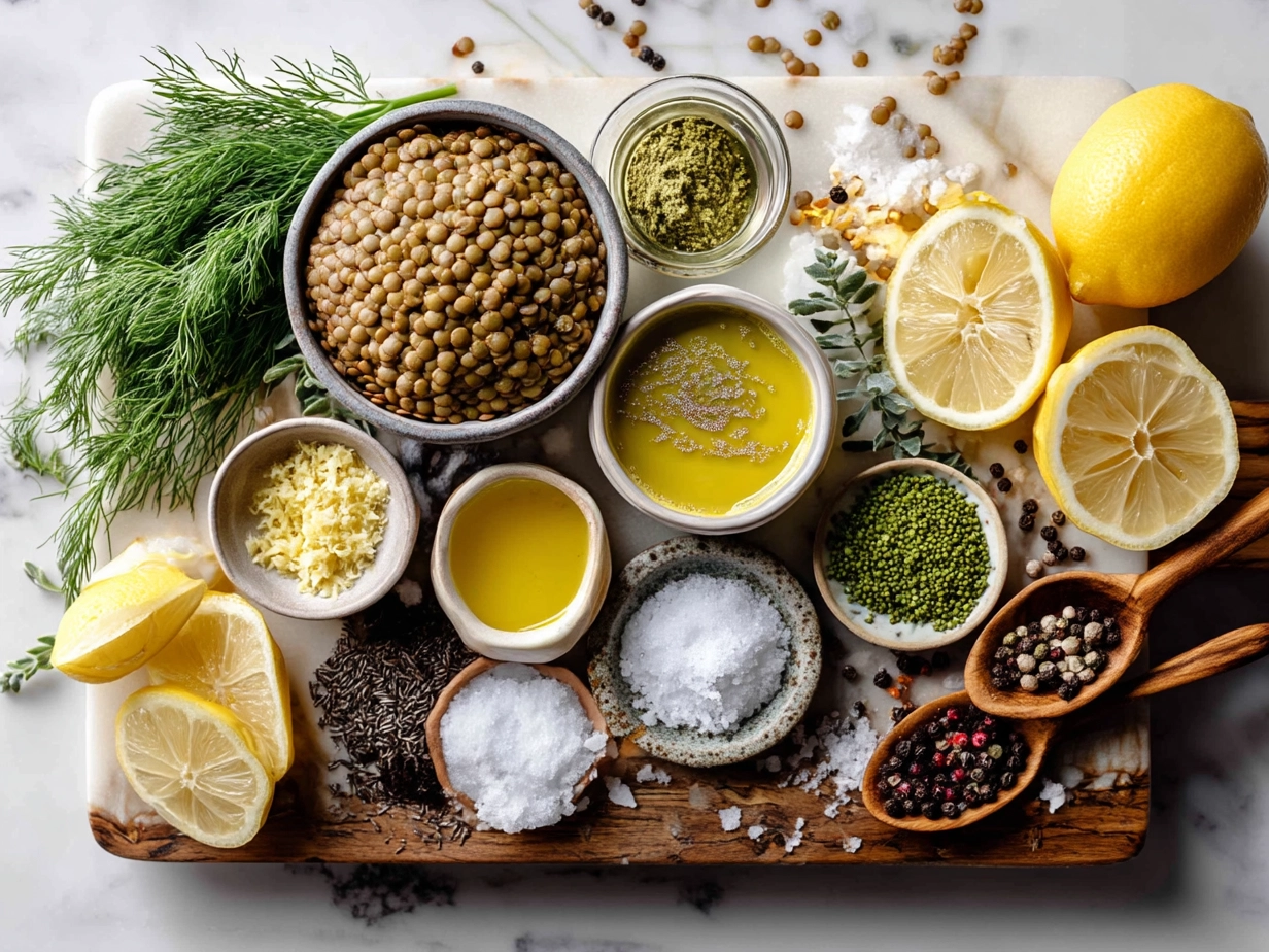 Ingredients for lemon lentil soup including lentils, onions, garlic, carrots, celery, lemon, and spices