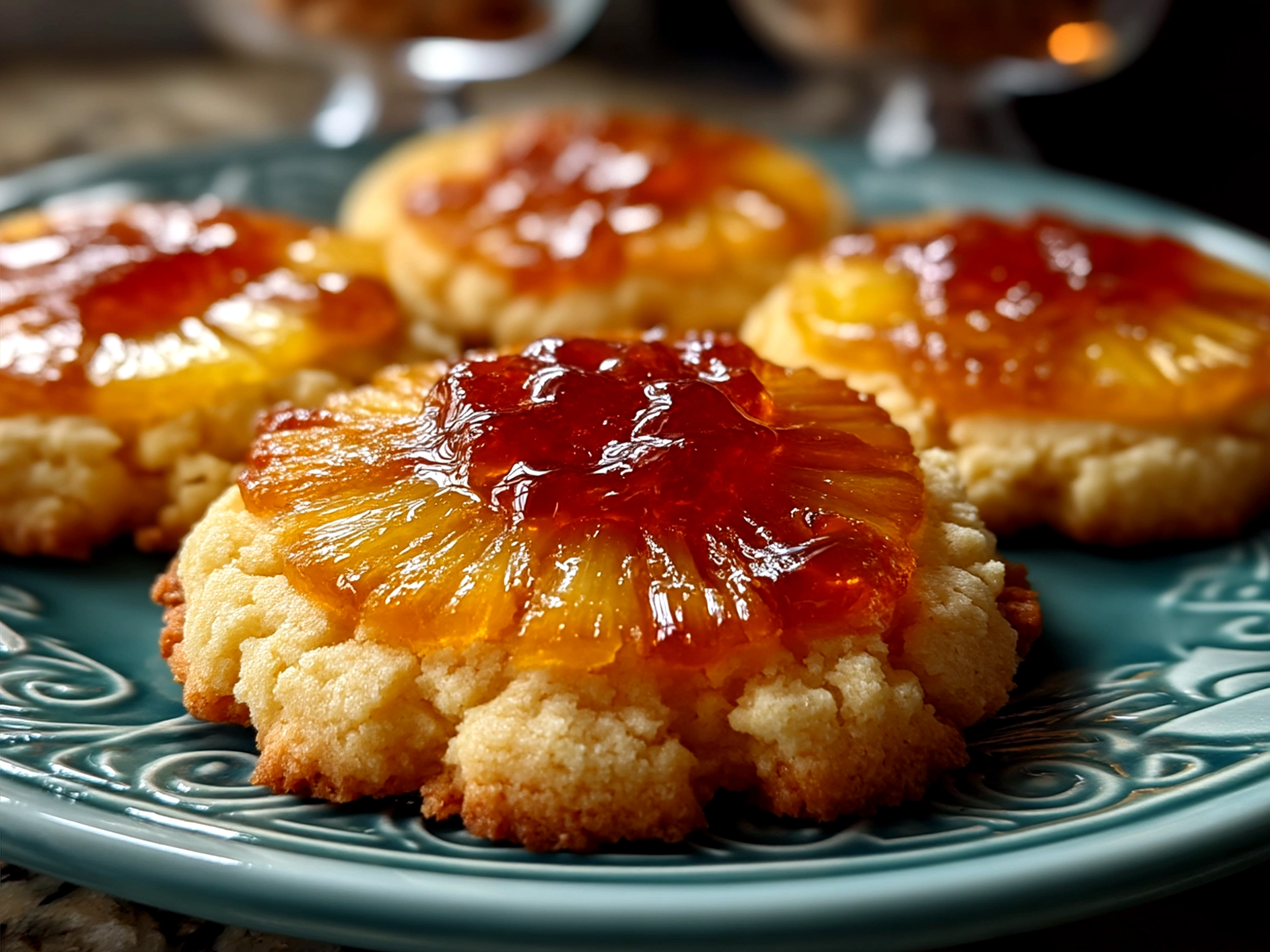 Freshly baked Pineapple Upside Down Sugar Cookies on a serving platter garnished with mint