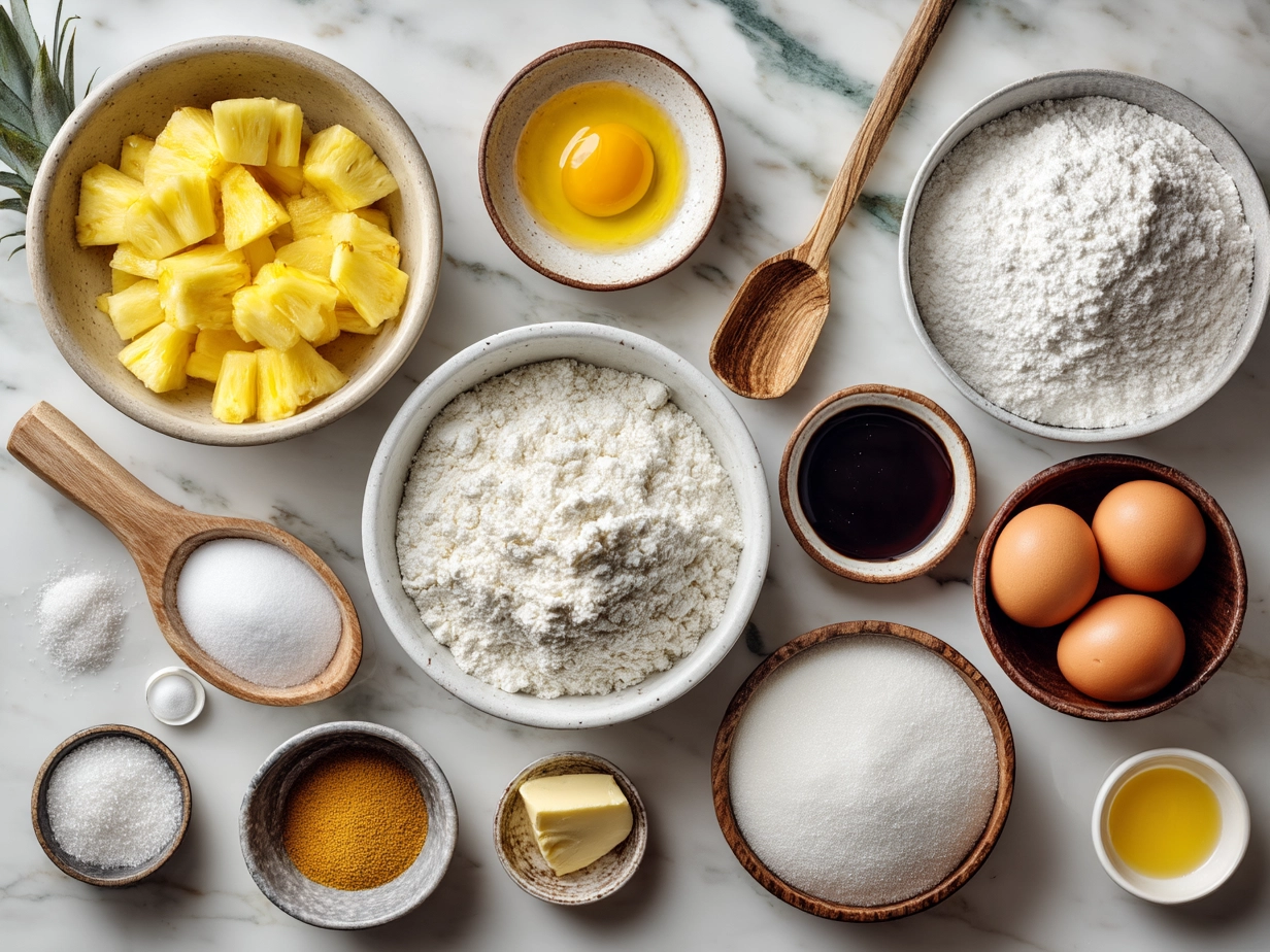 Ingredients for Pineapple Upside Down Sugar Cookies showing butter, sugar, flour, pineapple, and spices