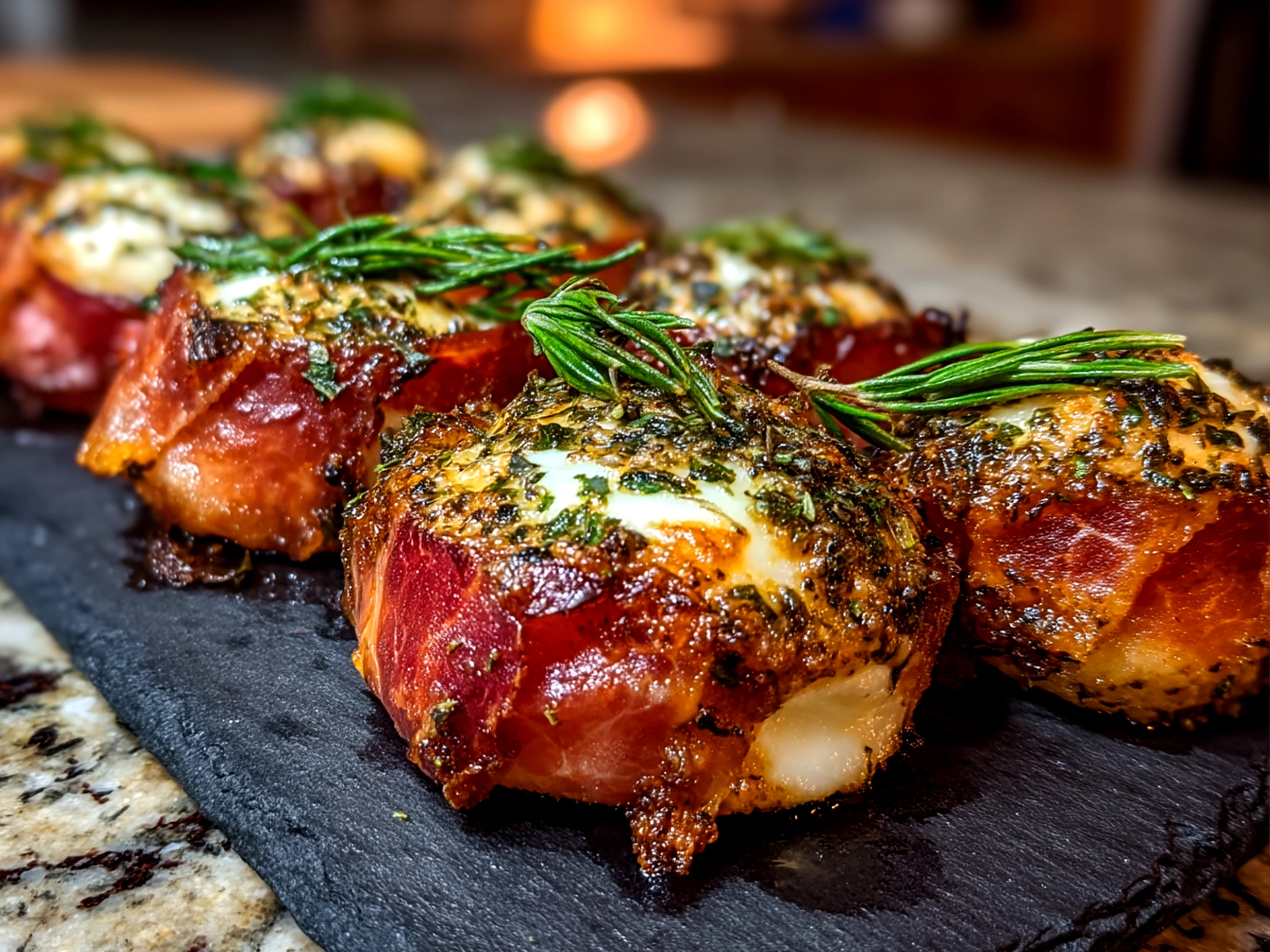 Served Prosciutto Wrapped Mozzarella Bites on a wooden board with balsamic glaze drizzle