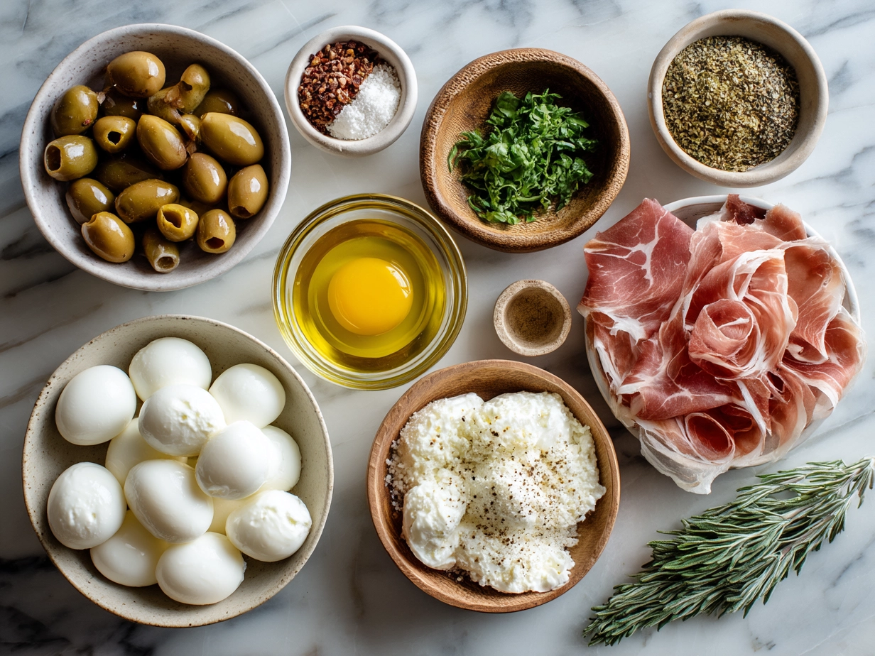 Ingredients for Prosciutto Wrapped Mozzarella Bites including fresh mozzarella balls, prosciutto, basil leaves, olive oil, and black pepper
