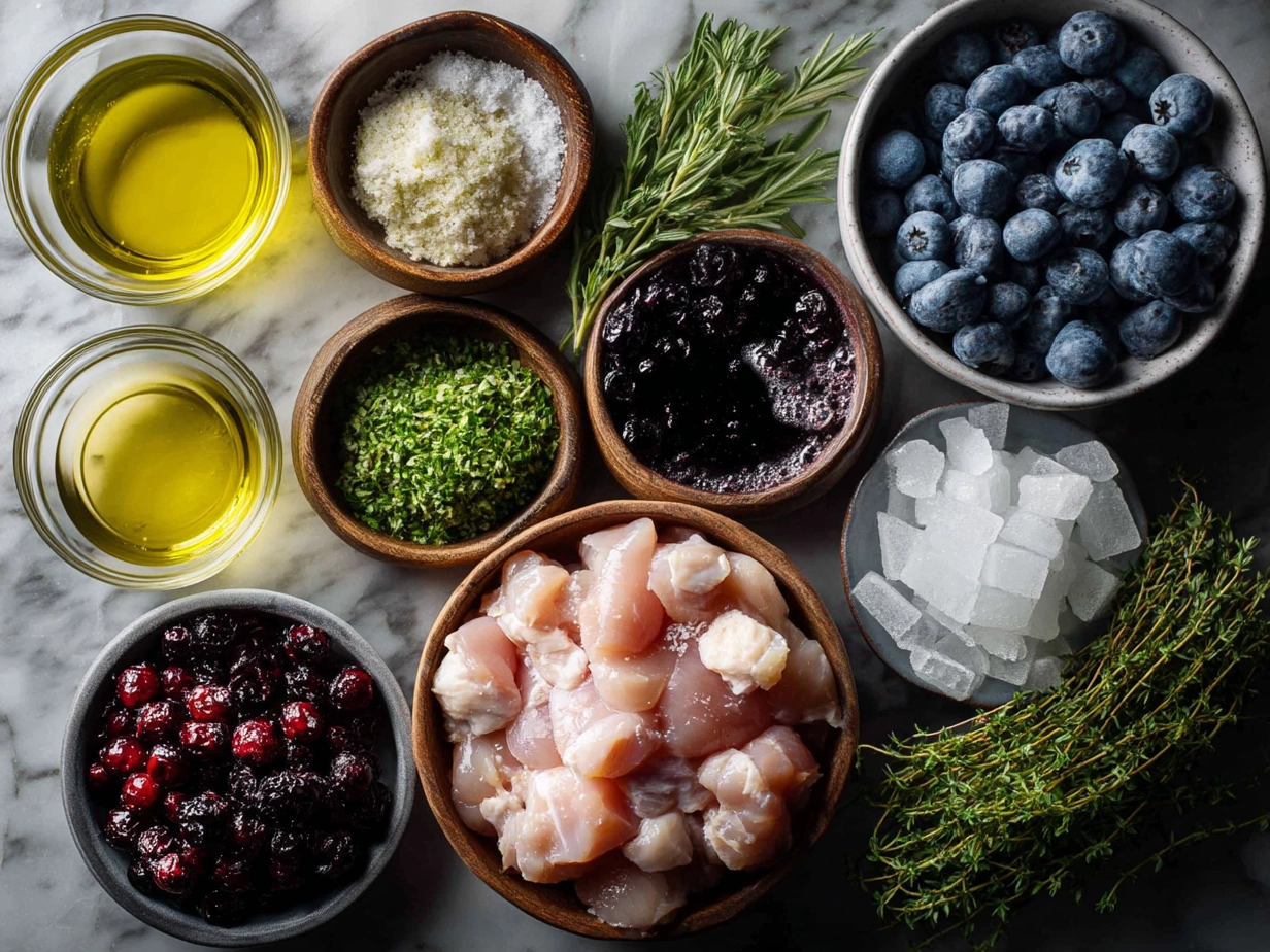 Raw ingredients for Blueberry Thyme Chicken on marble surface