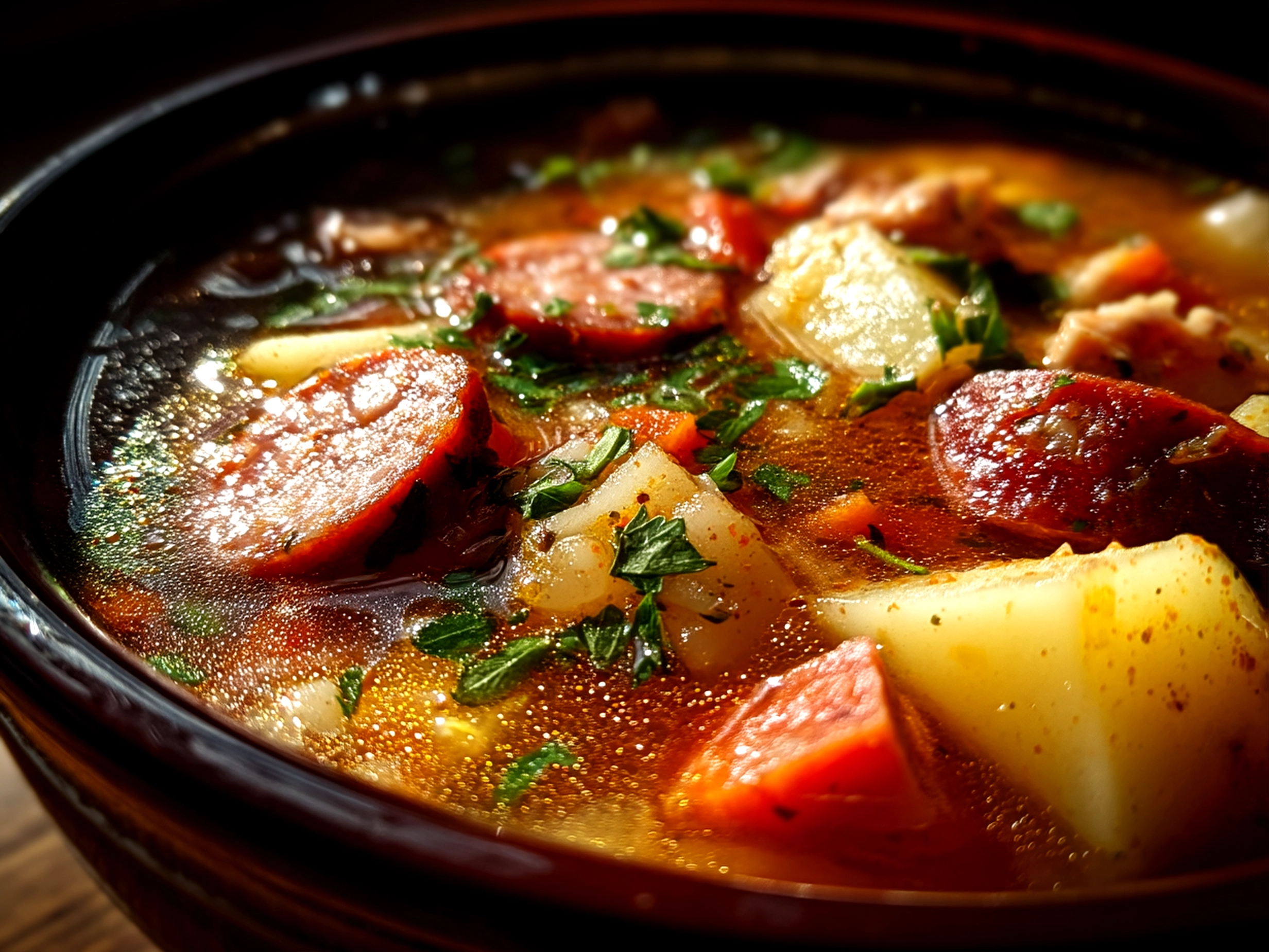 Slight angle close up finished Cajun Potato Soup with Andouille Sausage