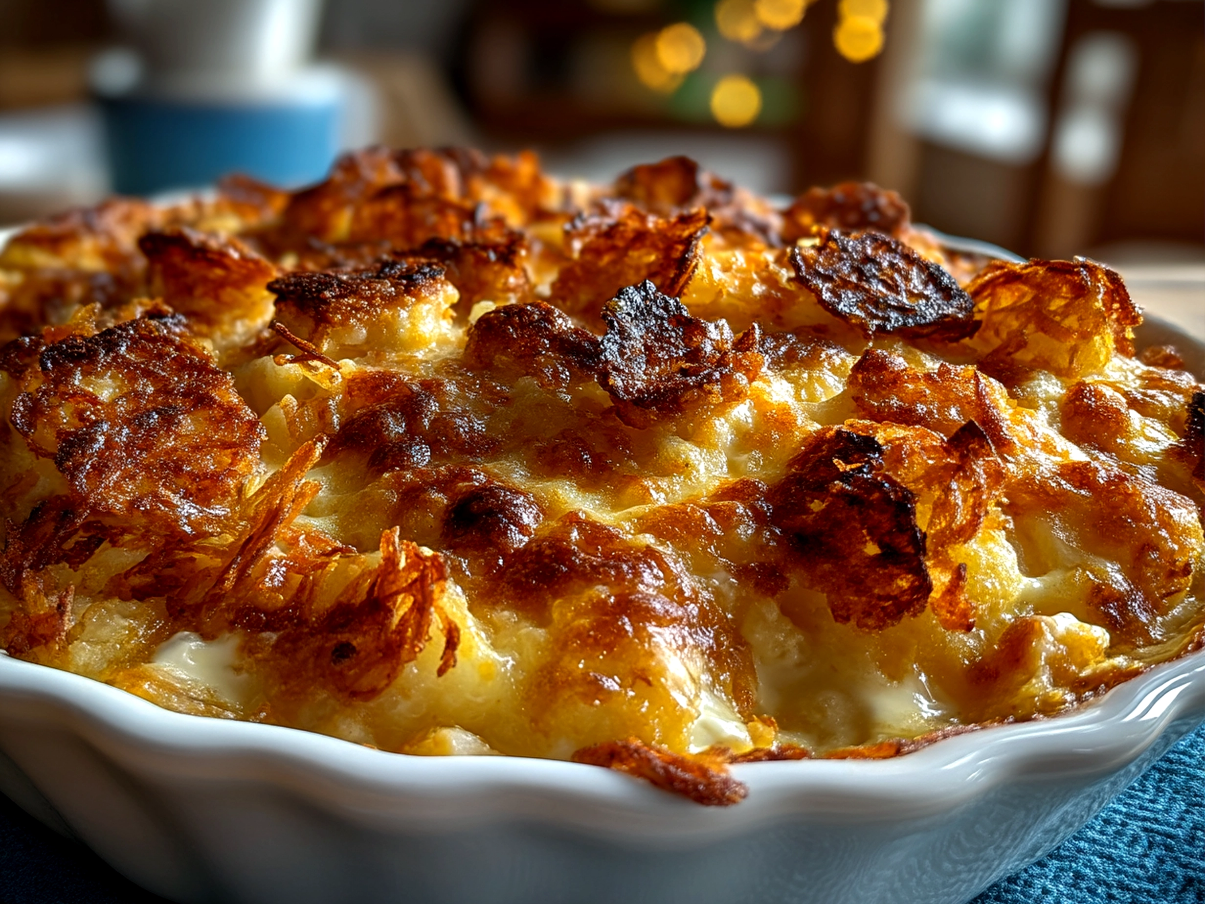 Close-up of finished Cheesy Funeral Potatoes with Hashbrowns casserole