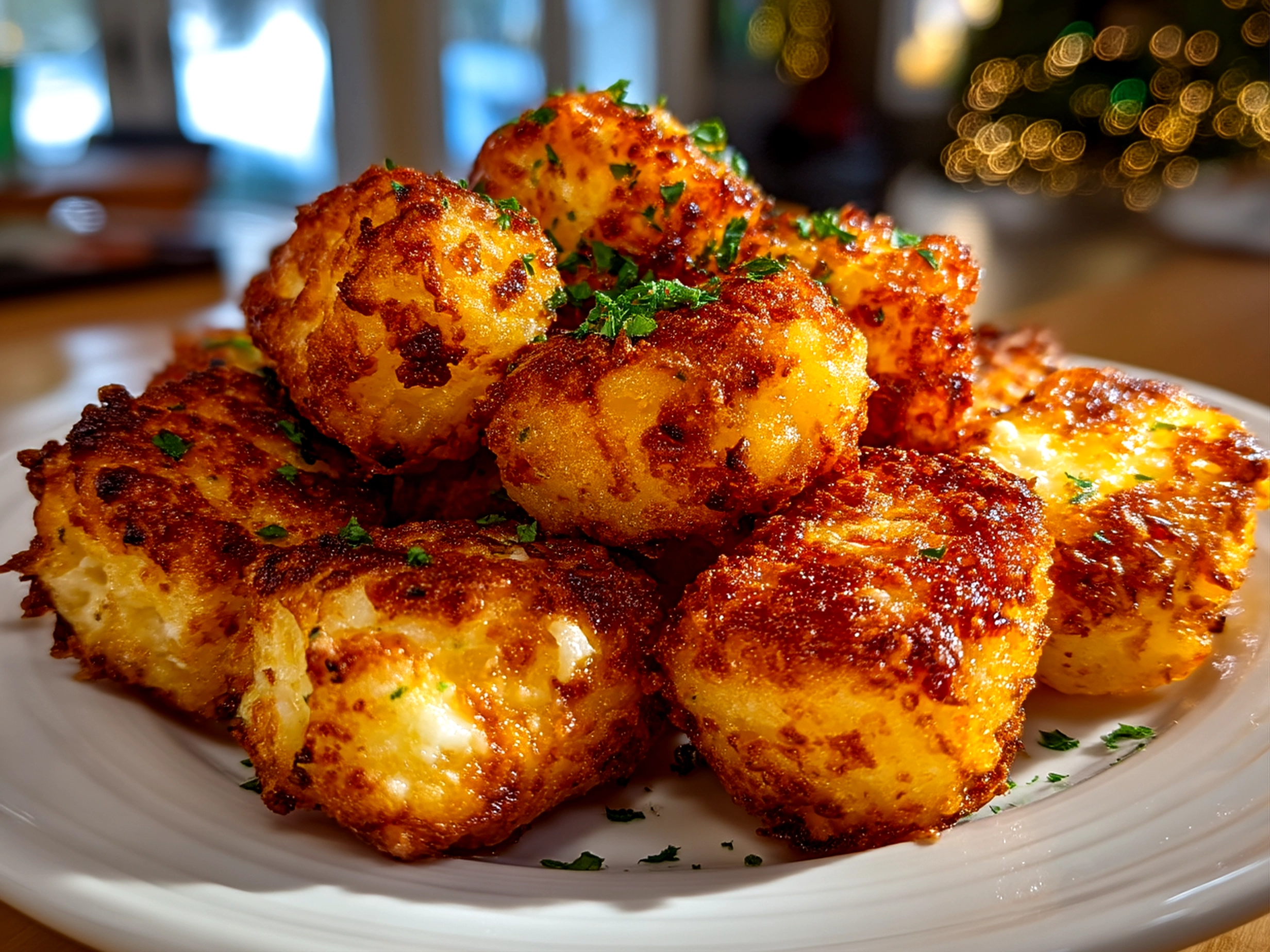 Close up of finished comforting cottage cheese tots with golden brown edges