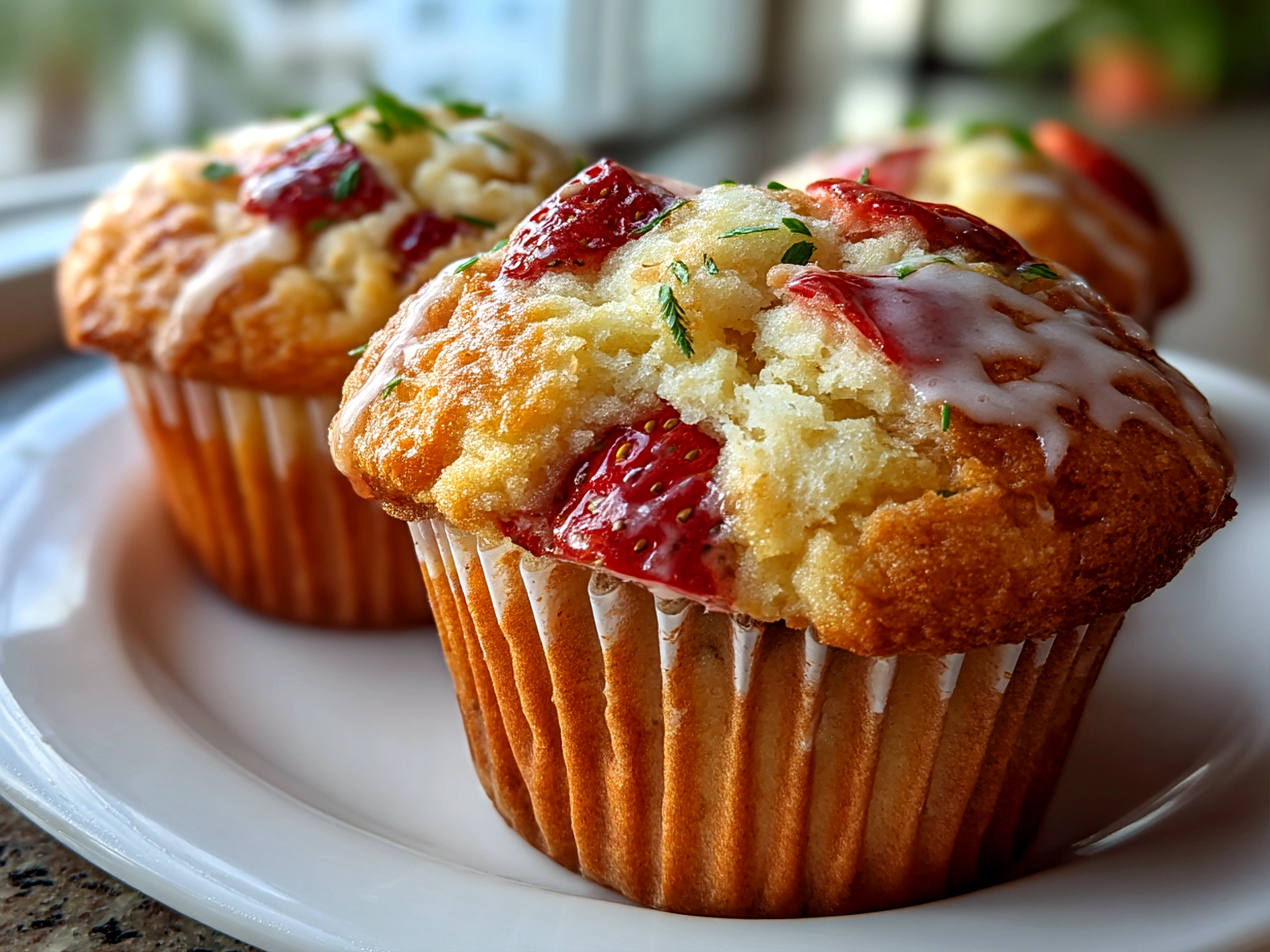 Close-up of finished fresh Strawberry Greek Yogurt Muffins showing moist texture