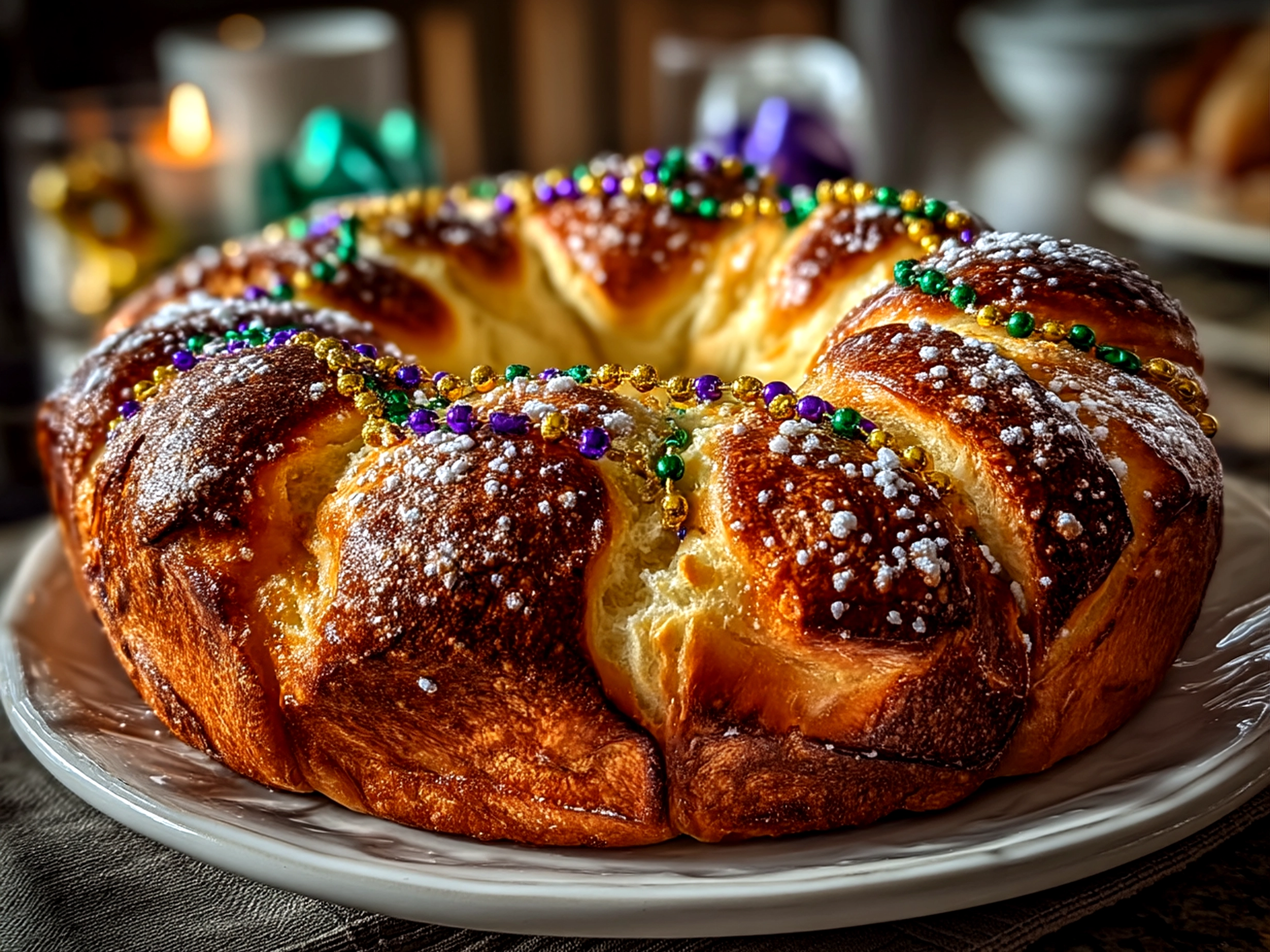 Slight angle close-up of finished Mardi Gras King Cake decorated with traditional colored sugars
