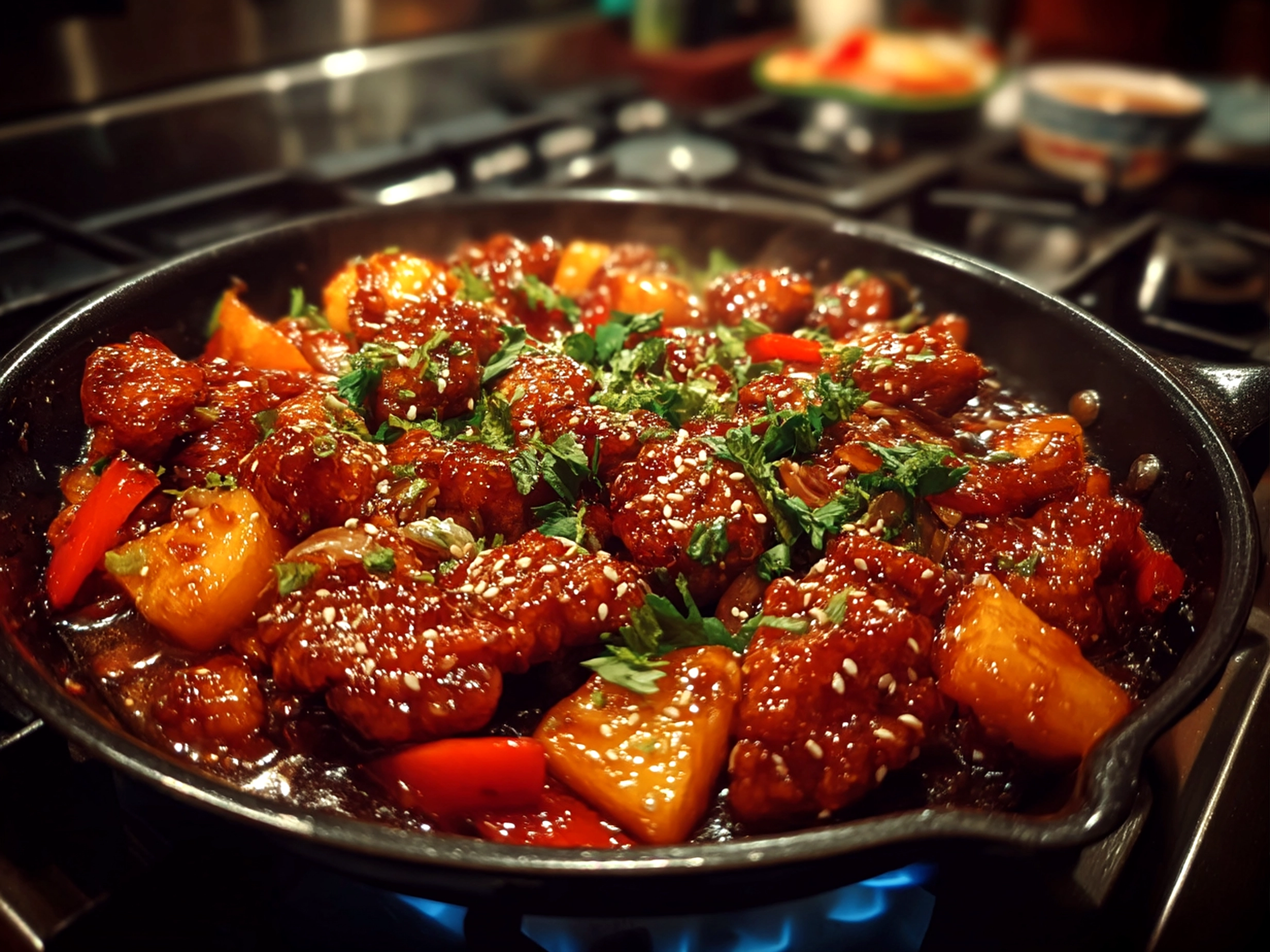 Close-up of finished pineapple chicken served with fresh pineapple chunks and garnished with green onions
