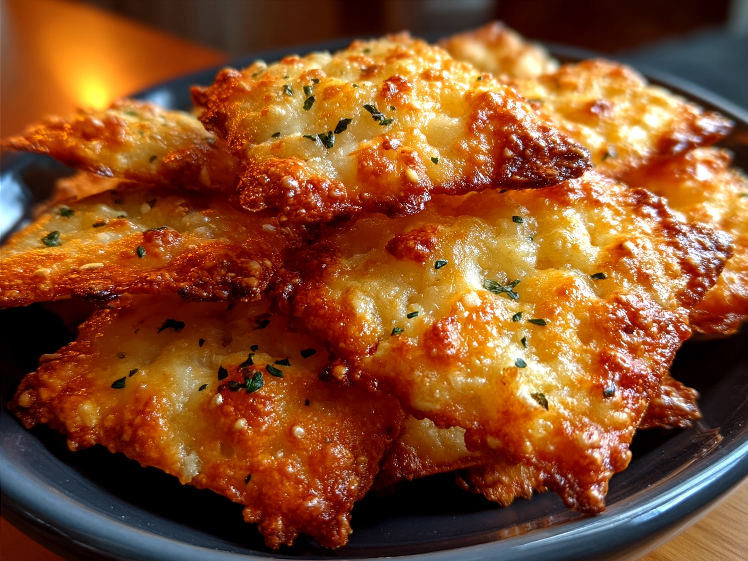 Plate of golden crispy sourdough cheese crackers served for a family snack