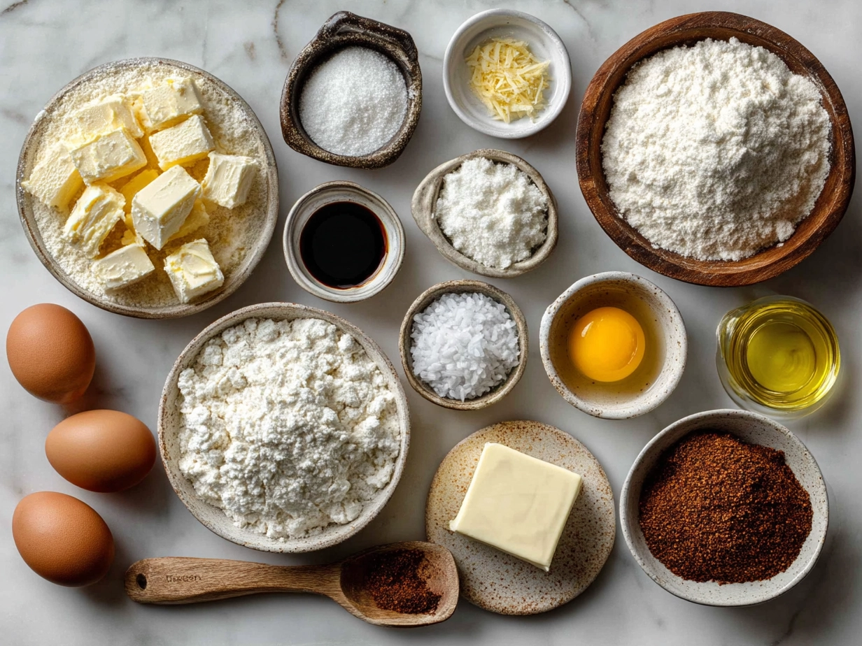 Ingredients for homemade sourdough cheese crackers including sourdough discard, flour, cheese, and spices