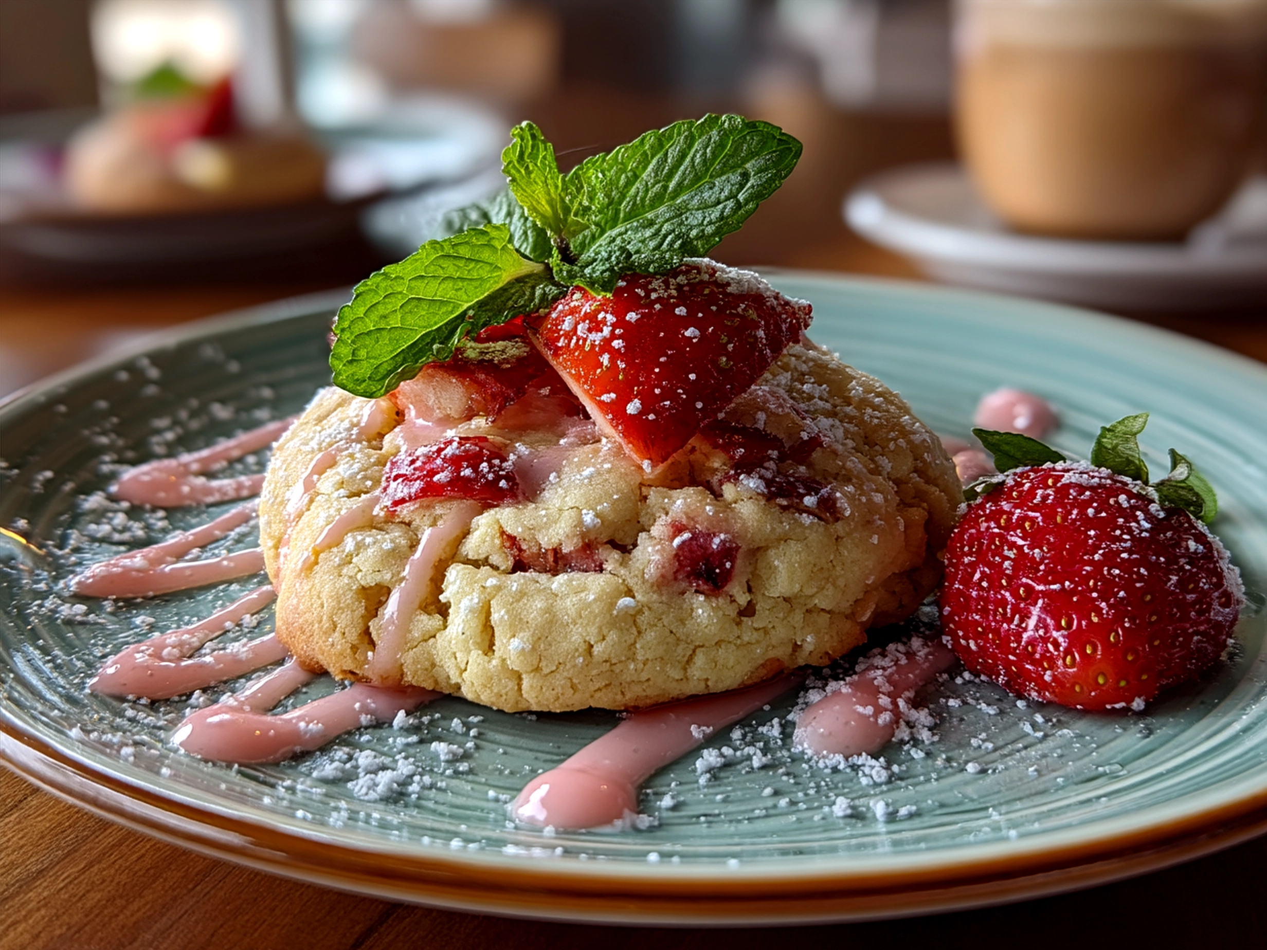 Plated Strawberry Lemonade Cookies served with a drink