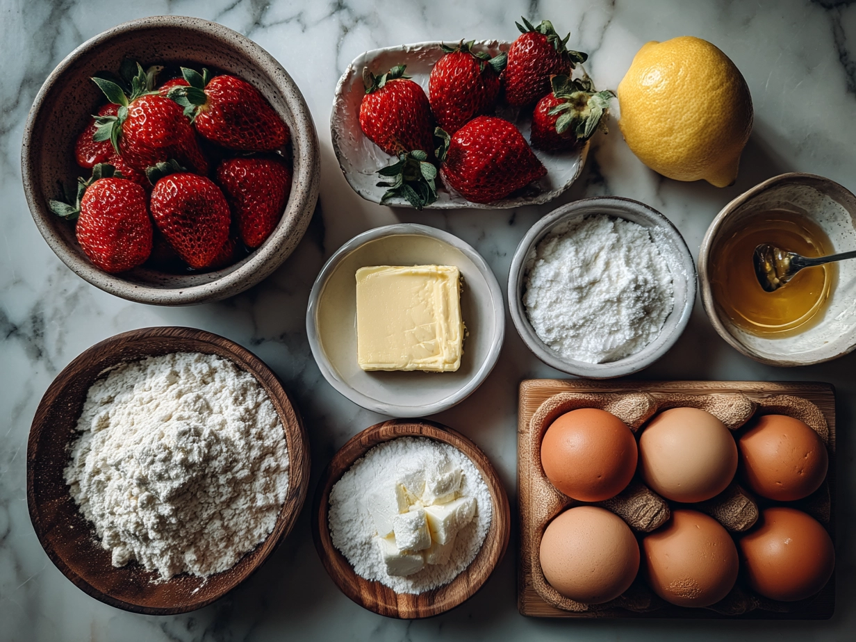 Ingredients for Strawberry Lemonade Cookie displayed on a kitchen counter
