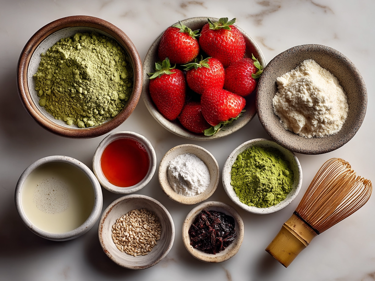 Ingredients for Strawberry Matcha Latte including matcha powder, fresh strawberries, milk, and sweeteners