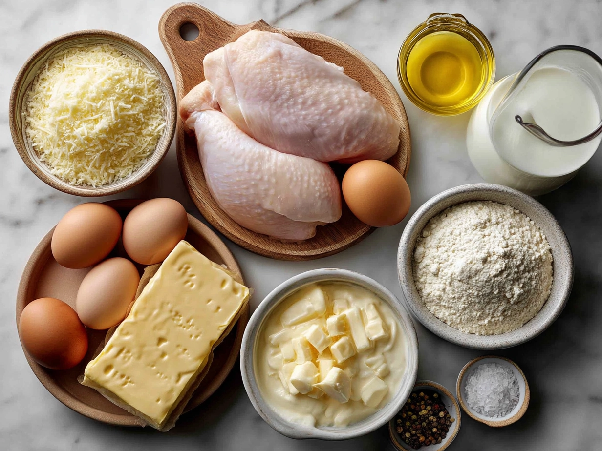 Raw ingredients for baked Caesar chicken with creamy Parmesan sauce on a marble countertop