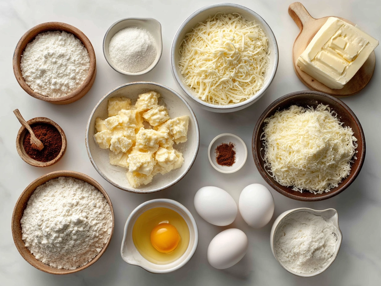 Top-down view of raw ingredients for Baked Cheesy Dumpling Casserole on marble surface