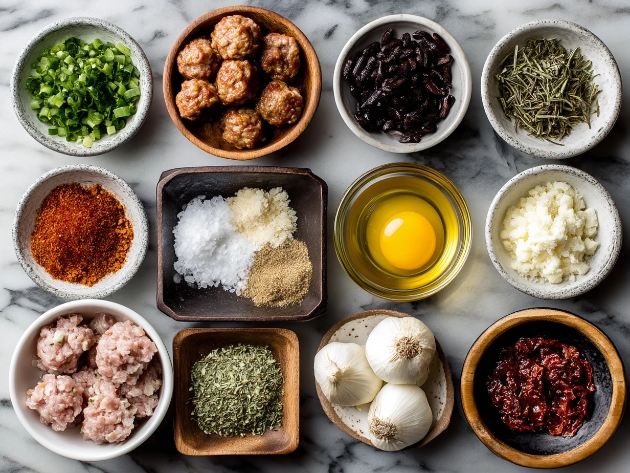 Raw ingredients for BBQ Sausage Bites laid out on a rustic table