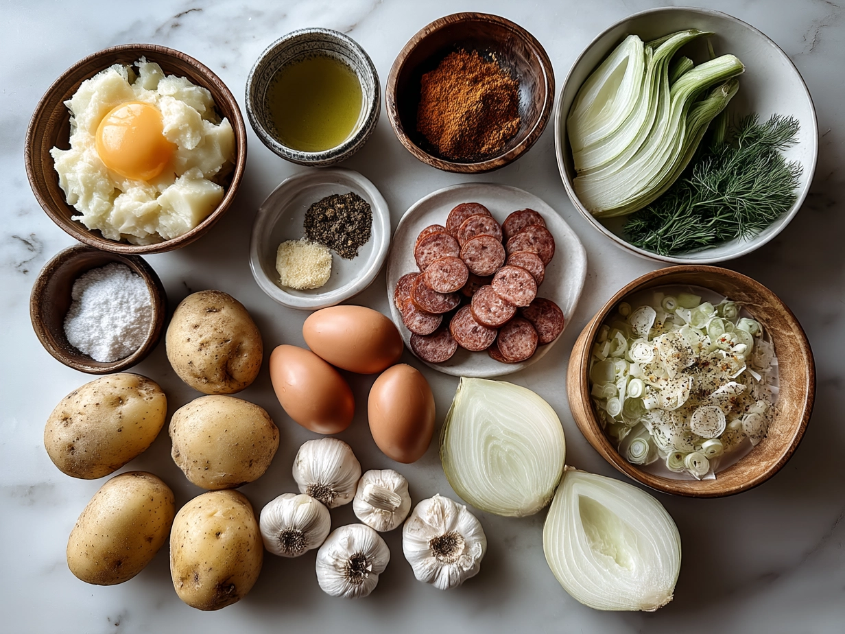 Top down raw ingredients for Cajun Potato Soup with Andouille Sausage