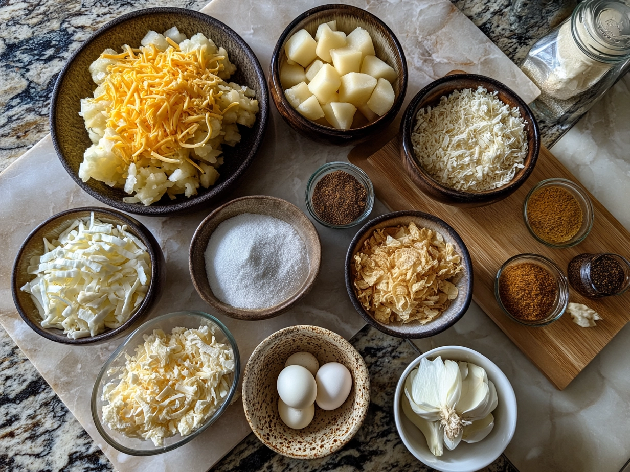 Raw ingredients for Cheesy Funeral Potatoes with Hashbrowns arranged on a marble surface