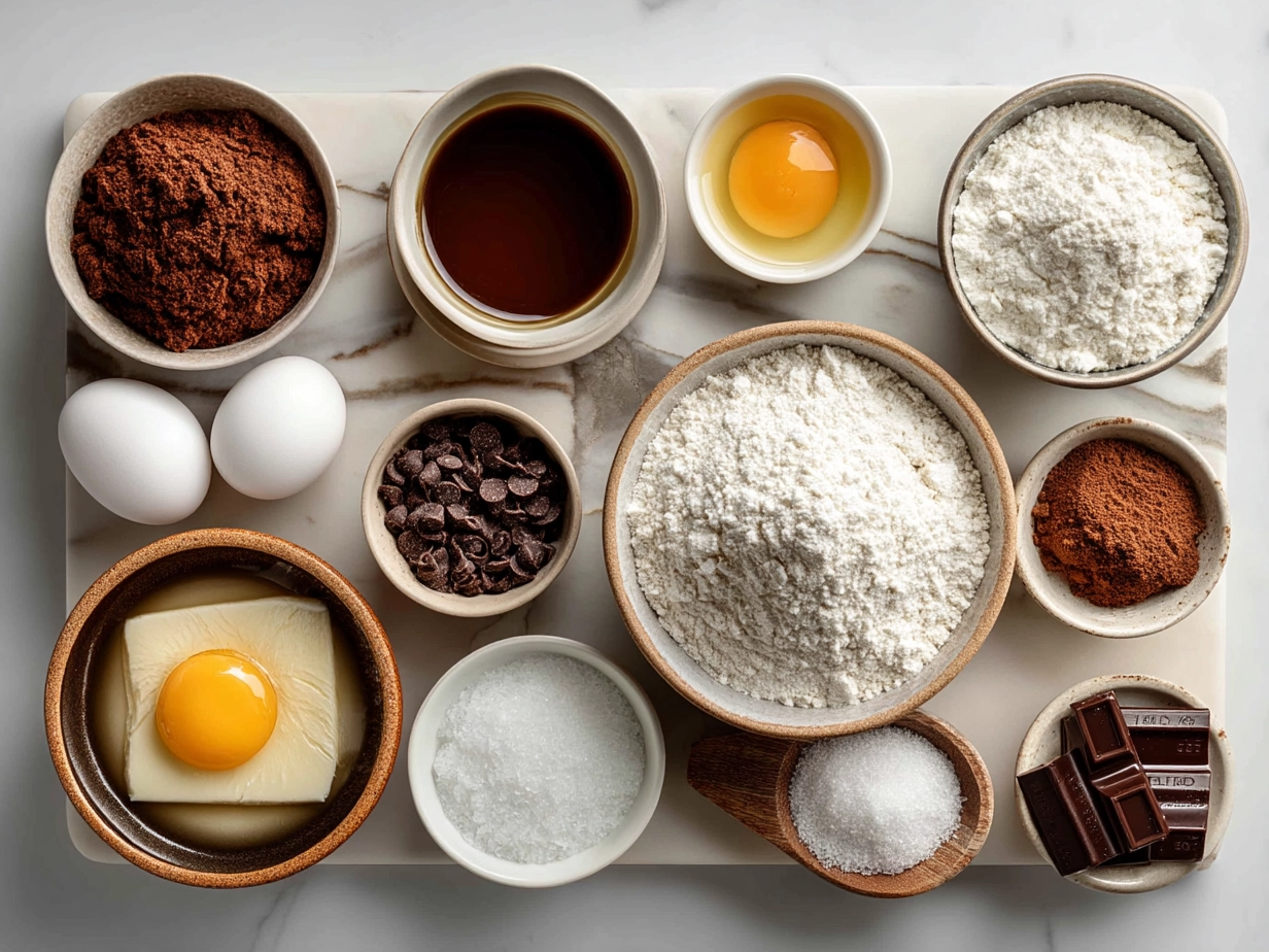 Top-down view of raw ingredients for Cookie Croissant on marble surface