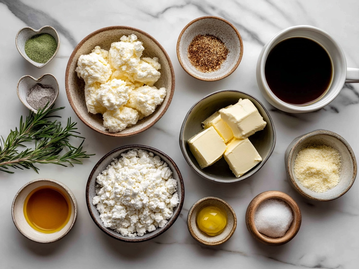 Top down view of raw ingredients for cottage cheese tots on marble surface