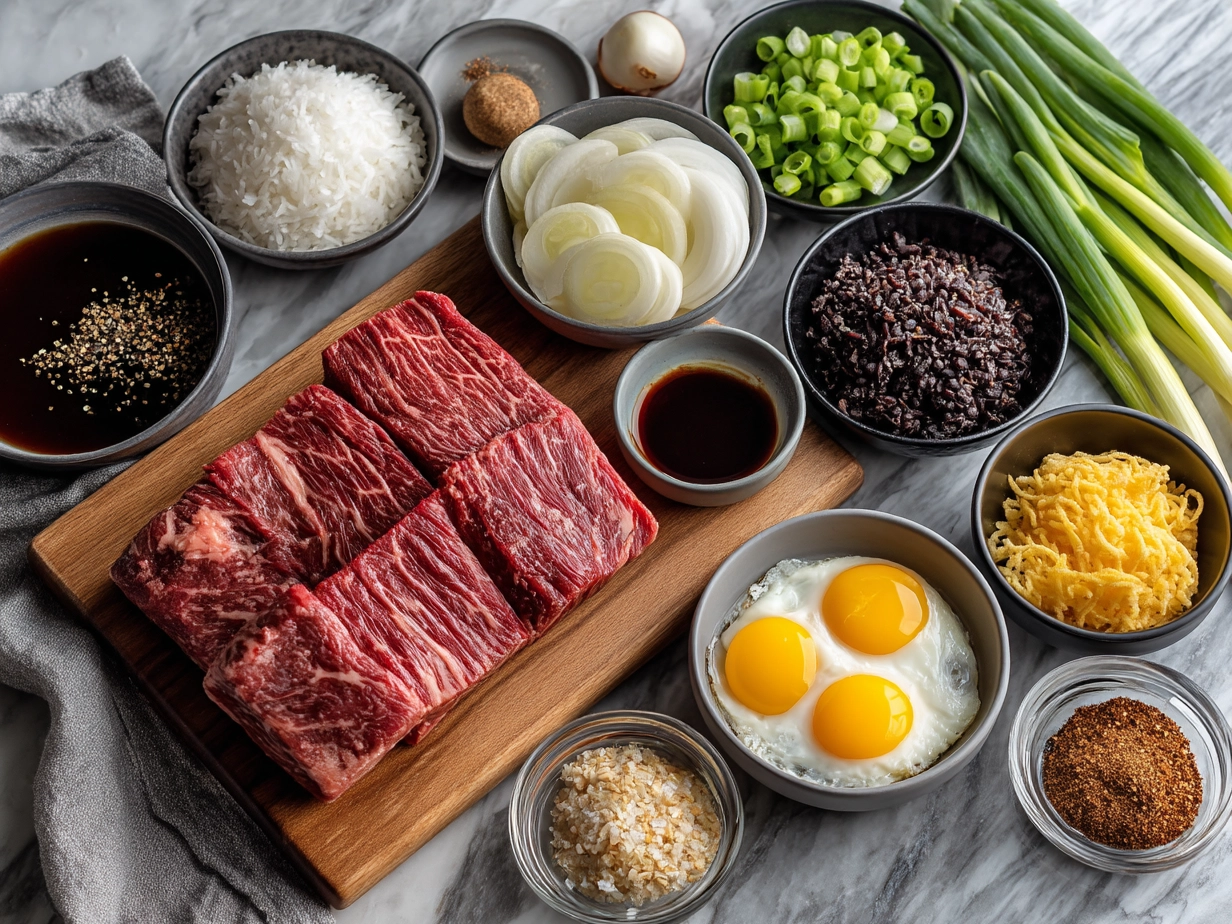 Top-down view of raw ingredients for Korean Pot Roast including beef, garlic, soy sauce, carrots, and onions