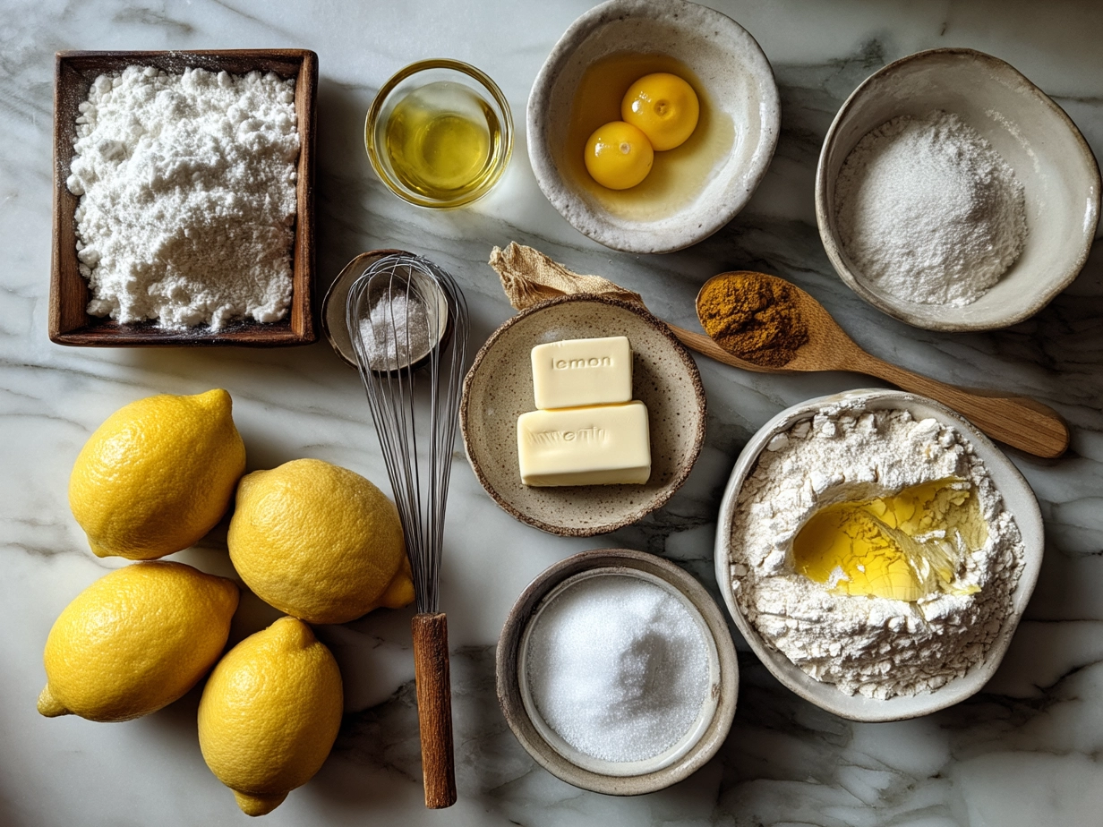 Top down view of raw ingredients for Limoncello Cake including flour, eggs, lemons, sugar, and limoncello