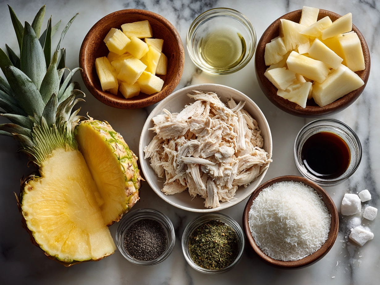 Top down view of raw ingredients for pineapple chicken recipe including chicken, pineapple chunks, soy sauce, garlic, and seasonings