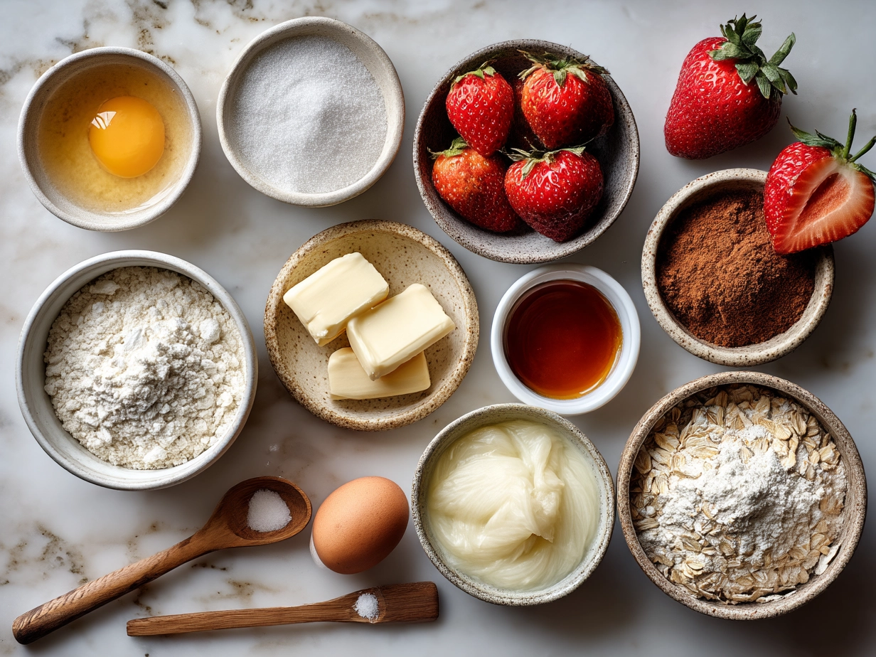 Top down view of raw ingredients for strawberry cheesecake overnight oats on marble surface
