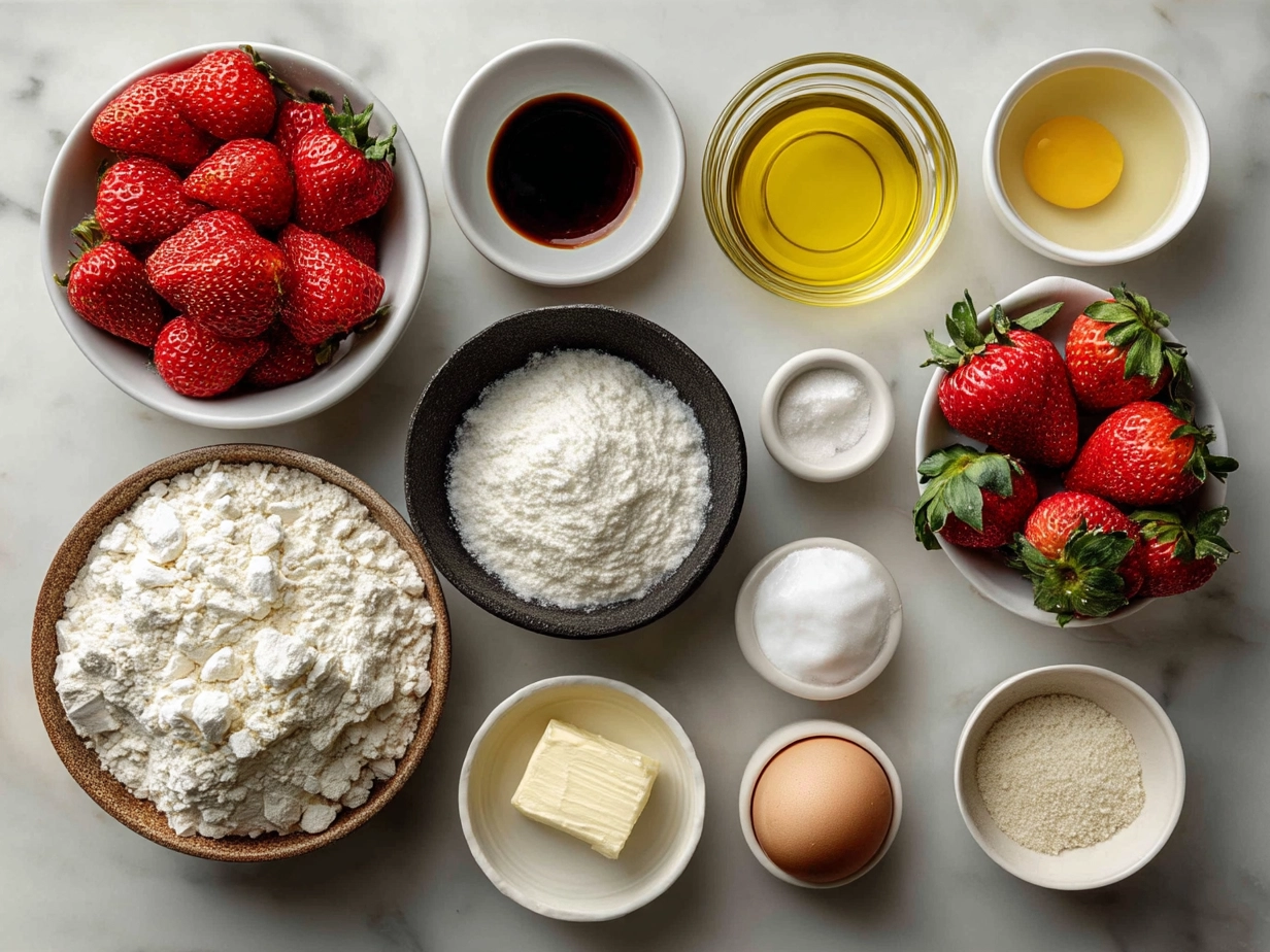 Raw ingredients for Strawberry Greek Yogurt Muffins arranged on marble surface