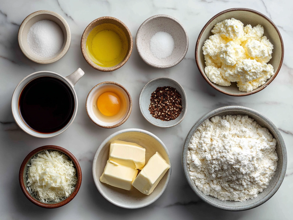 Ingredients for Keto Cottage Cheese Bagels including cottage cheese, almond flour, eggs, baking powder, salt and optional toppings