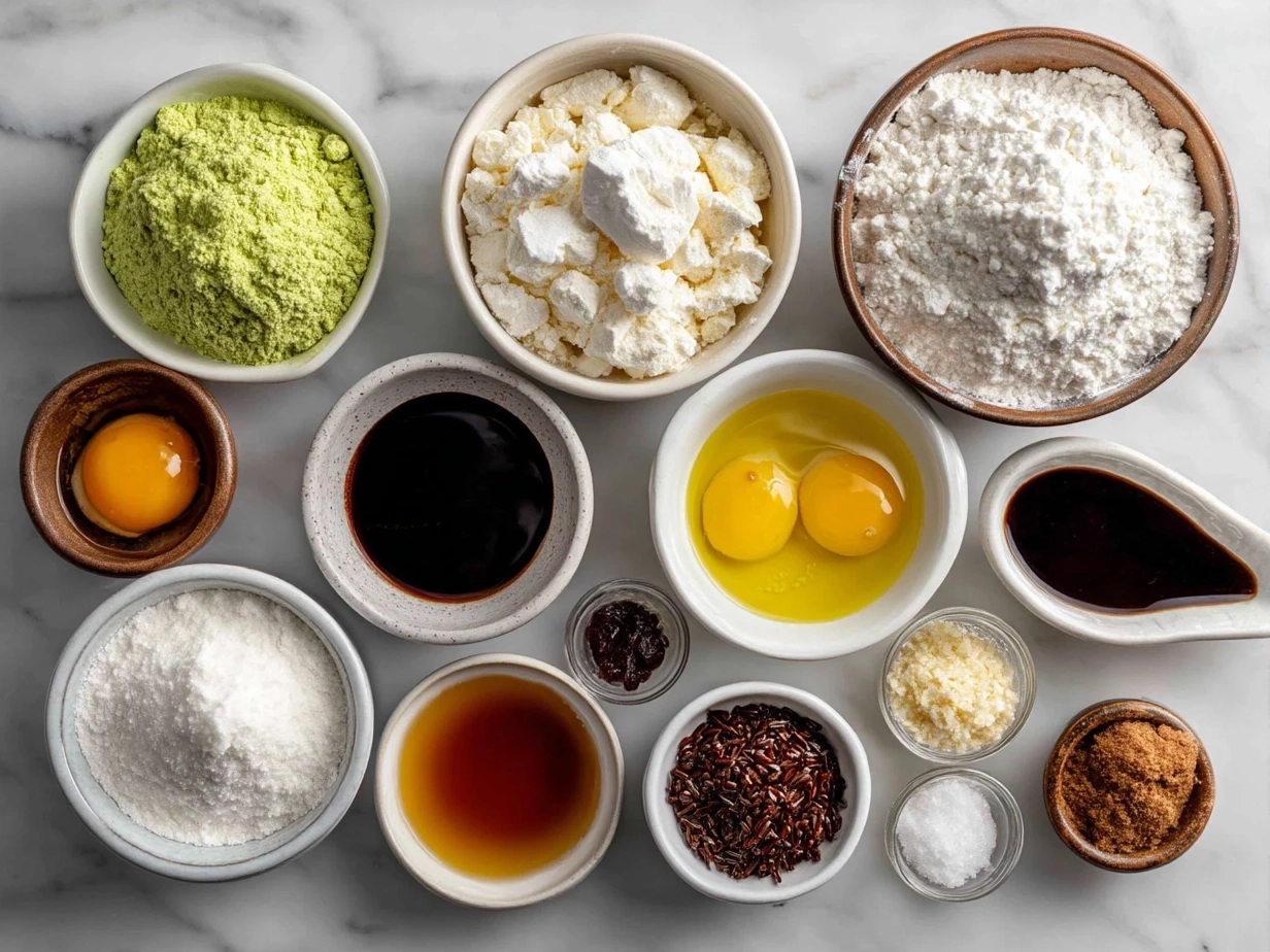 Top down view of King Cake ingredients on marble surface