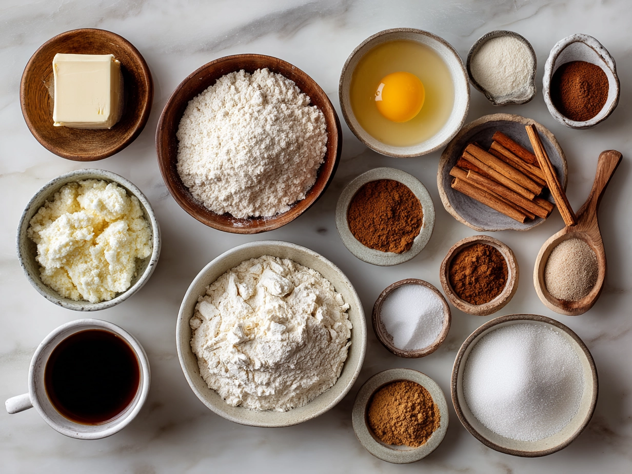 Ingredients laid out for Tres Leches Cinnamon Rolls including flour, yeast, cinnamon, and milks