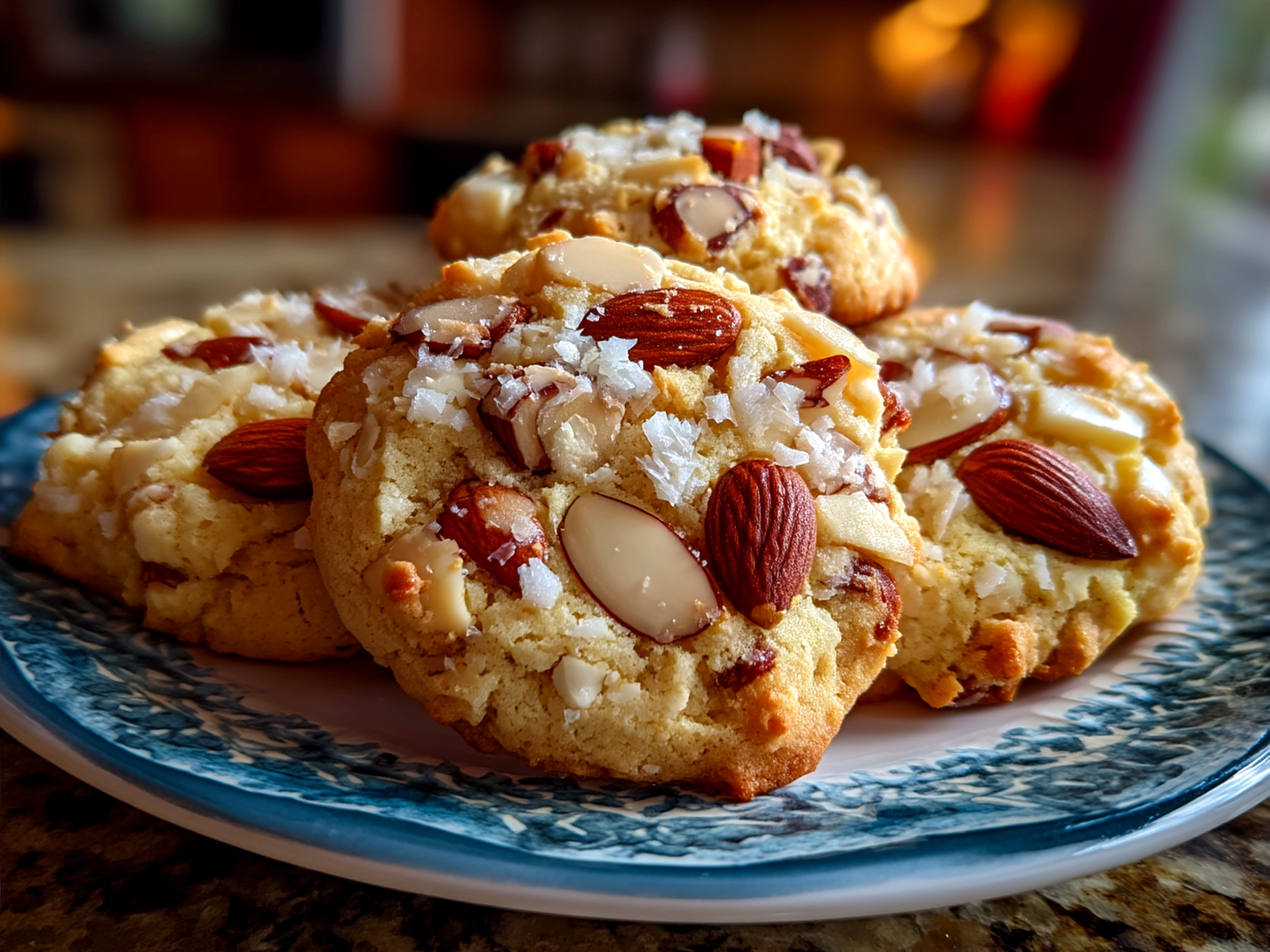 Freshly baked Triple Almond Cookies served on a plate with coffee and milk