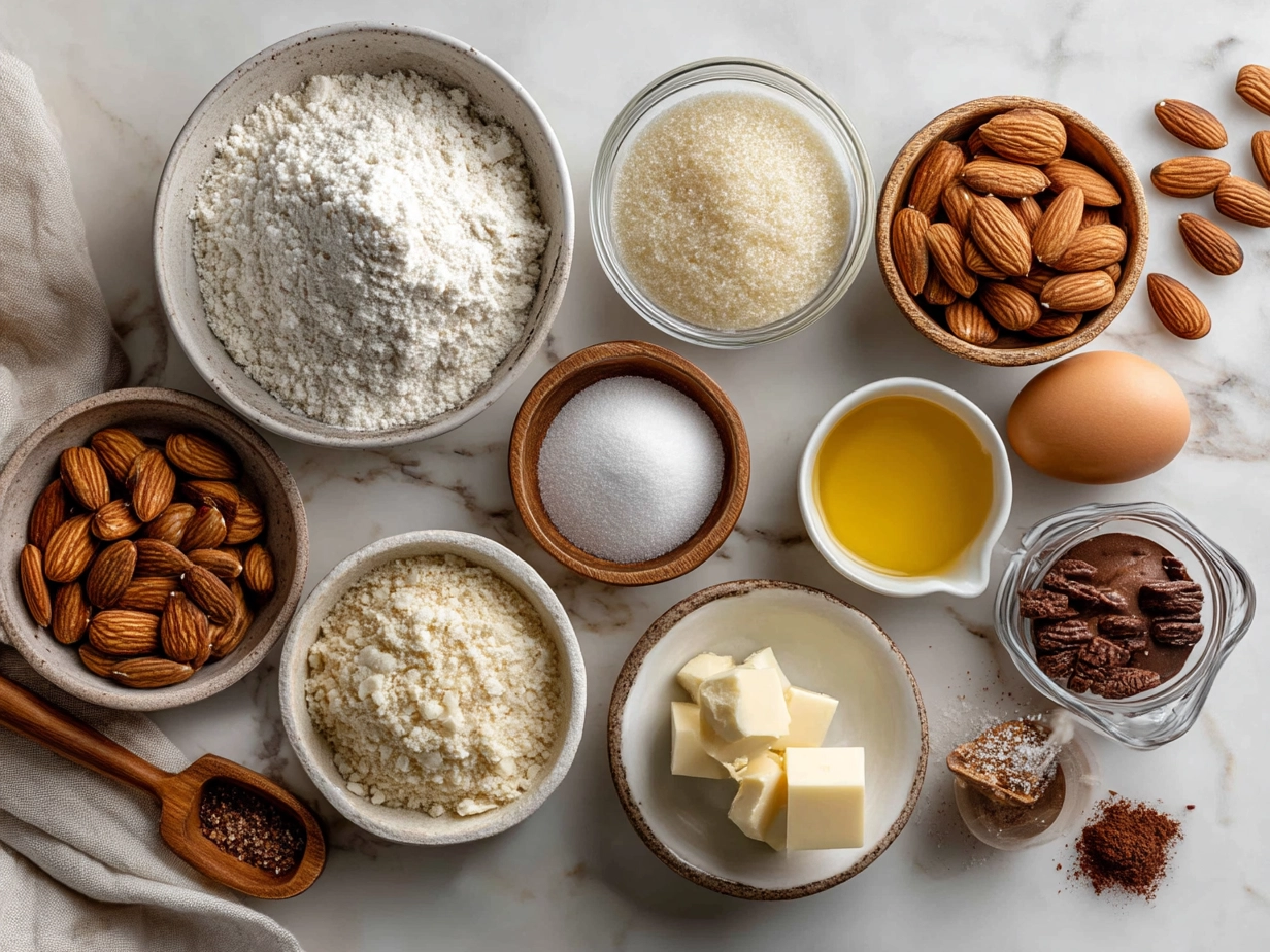 Ingredients for Triple Almond Cookies, including almond flour, almond paste, sugar, egg, and almond extract