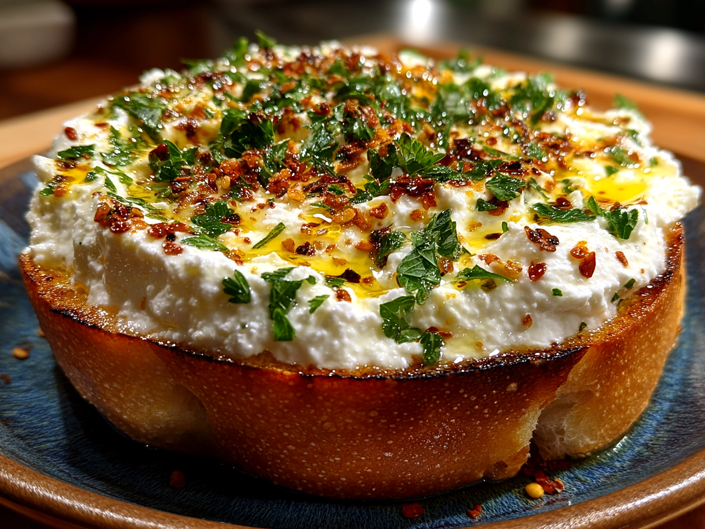 Whipped ricotta dip served in a bowl with fresh herbs and bread slices ready for dipping