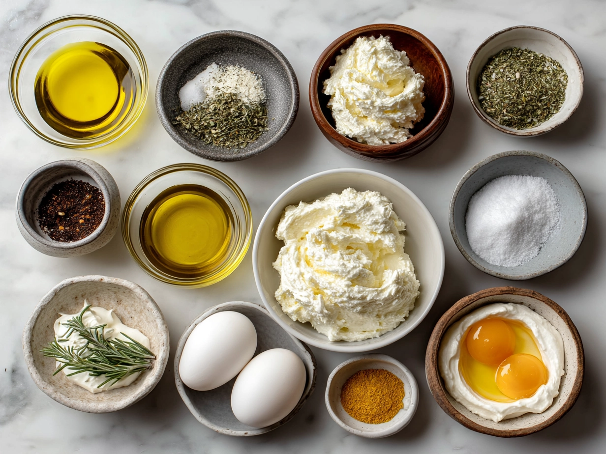 Ingredients for whipped ricotta dip on a kitchen counter